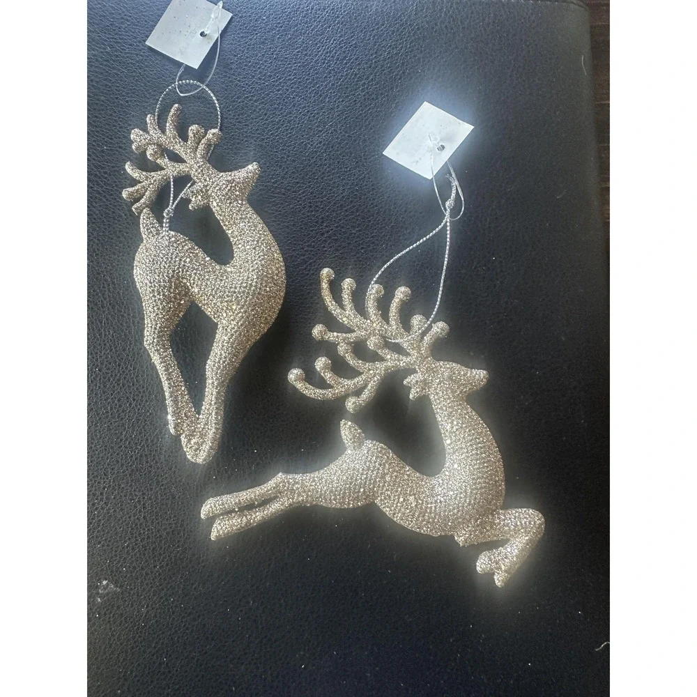 Gold Glitter Reindeer Christmas Ornaments Set of 2 Holiday‎ Tree Decor